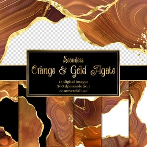 May include: Seamless digital paper featuring 16 orange and gold agate patterns with gold foil accents.  The patterns are perfect for creating backgrounds, invitations, and other digital projects.  300 dpi resolution, commercial use.