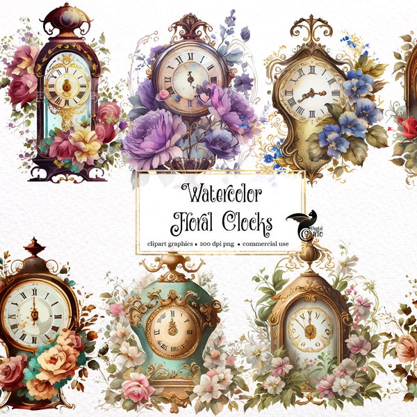 Watercolor Floral Clocks Clipart - cute rustic floral cottagecore decor in PNG format instant download for commercial use
