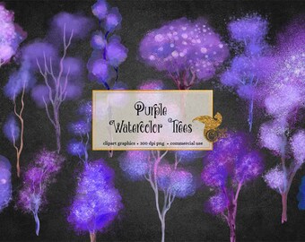 May include: Purple watercolor trees clipart graphics.  A set of 12 digital illustrations of trees with purple, blue, and white watercolor washes.  The trees are on a black background.  300 dpi png - commercial use.