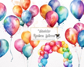 Imágenes Prediseñadas de globos de arco iris de acuarela, descarga instantánea de gráficos PNG clip art para uso comercial