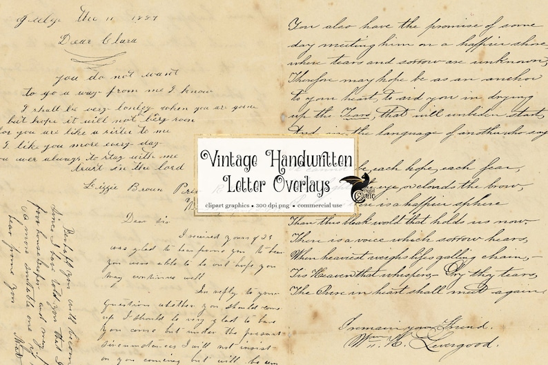 May include: Vintage handwritten letter overlays in black ink on a cream-colored paper background. The overlays are perfect for adding a touch of old-world charm to your digital or printed projects.