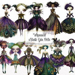 May include: Whimsical Mardi Gras Dolls clipart graphics.  A collection of 13 digital illustrations of dolls in colorful costumes with peacock feather accents.  The text "Whimsical Mardi Gras Dolls" is included in the image.