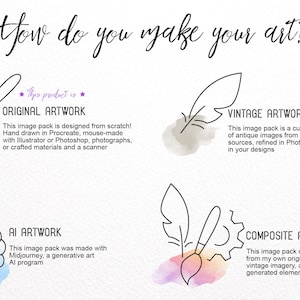 May include: A graphic illustration depicting four different types of artwork: original, vintage, AI, and composite. Each type of artwork is described with a brief explanation of how it is created. The illustration is set against a white background with watercolour washes in the background of each artwork type.