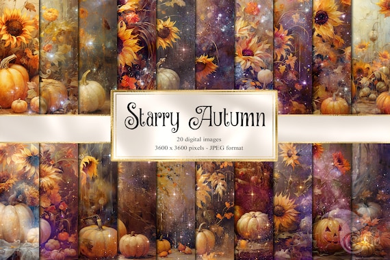 Starry Autumn Digital Paper Pack, Celestial Pumpkin Sunflower Scrapbook Pages (Digital Download)