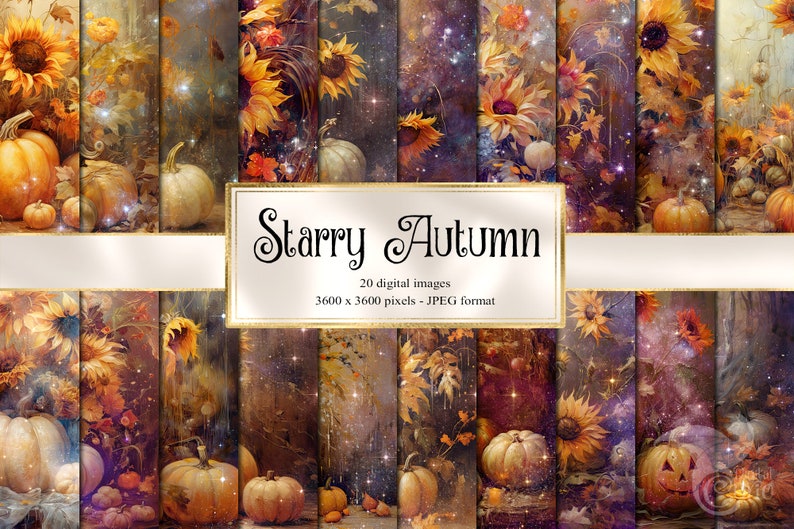 May include: A digital paper pack with 20 images featuring a starry night sky, pumpkins, sunflowers, and fall leaves. The text "Starry Autumn" is displayed on a white banner with gold trim. The images are 3600 x 3600 pixels and in JPEG format.