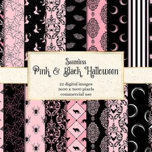 Pink and Black Halloween Digital Paper, seamless witch and skull Gothic patterns printable scrapbook paper commercial use