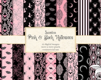 Pink and Black Halloween Digital Paper, Witch, Skulls (Digital Download)