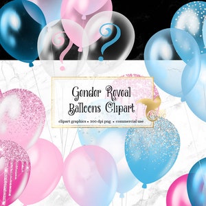 Género Reveal Balloons Clipart, glitter y foil confetti party clipart para baby showers en formato PNG descarga instantánea para uso comercial