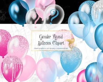 Gender Reveal Balloons Clipart, Pink and Blue Confetti (PNG Digital Download)