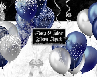 Navy Blue and Silver Balloons Clipart, glitter balloon png digital overlays with confetti for birthdays instant download commercial use