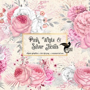 Pink, White and Silver Floral Clip Art, digital download painted rustic watercolor flower png embellishments, roses, silver glitter roses