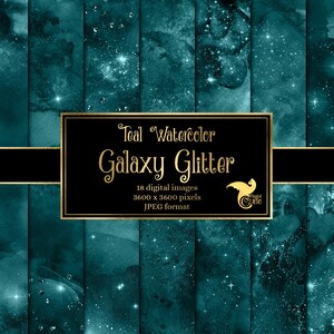 Teal aquarel Galaxy Glitter digitale papier - aquarel texturen met nevel en sterren direct downloaden voor commercieel gebruik