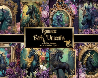 May include: A digital collage of eight images featuring dark unicorns with gold horns and manes, set against a backdrop of ornate gold frames, lush purple and green flowers, and a dark, textured background. The text "Romantic Dark Unicorns" is displayed in a gold banner.