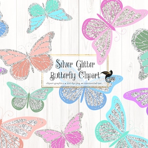 Clipart de borboletas com glitter prateado, download instantâneo de borboletas em tons pastéis para uso comercial