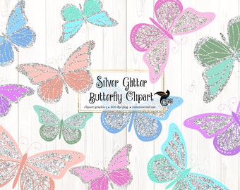 Silver Glitter Butterflies Clipart, pastel butterfly instant download for commercial use