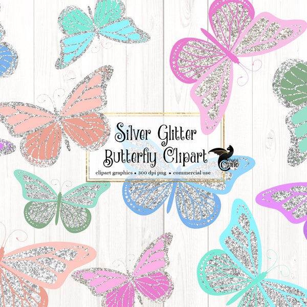 Silver Glitter Butterflies Clipart, pastel butterfly instant download for commercial use