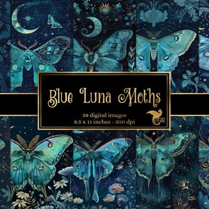 Blue Luna Moths Digital Paper, cuaderno de papel digital fantasía páginas de diario basura imprimibles 8.5x11 pulgadas A4 descarga instantánea de papel