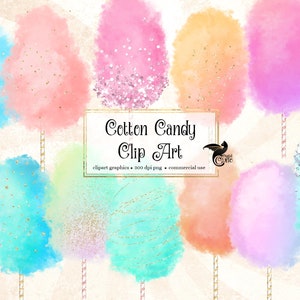 Clipart de algodão doce - gráficos de clipart em aquarela e glitter dourados download instantâneo para uso comercial
