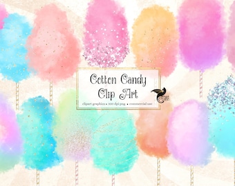 Cotton Candy Clipart - watercolor and gold glitter clip art graphics instant download for commercial use