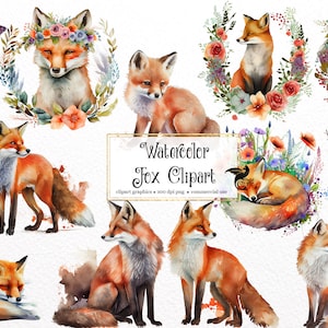 Clipart de renard aquarelle, clipart de renards peints, illustrations d'animaux de la forêt, graphiques PNG, utilisation commerciale d'embellissements de scrapbooking