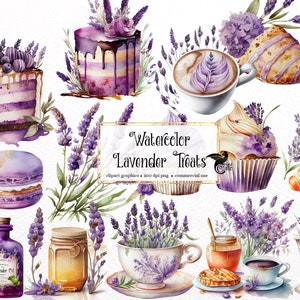 Watercolor Lavender Treats Clipart - Provence latte and croissant with macaron PNG format instant download for commercial use