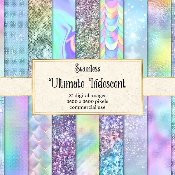 Ultimate Iridescent Textures - seamless digital paper metallic textures with pastel rainbow holographic glitter and foil