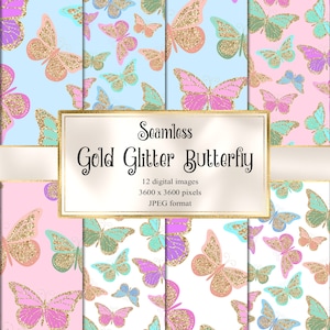 Gold Glitter Butterfly Digital Paper, carta scrapbook stampabile con modelli di farfalle, modelli di farfalle primaverili, texture ad acquerello digitale