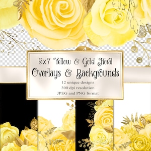 5x7 Yellow and Gold Floral Overlays for invitations, planners, journal pages, vintage flower clipart, wedding frames clip art