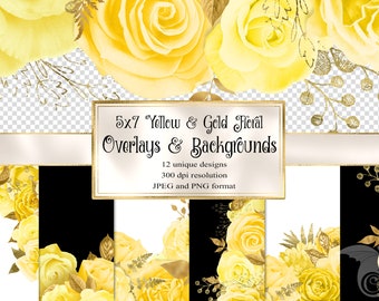 5x7 Yellow and Gold Floral Overlays for invitations, planners, journal pages, vintage flower clipart, wedding frames clip art