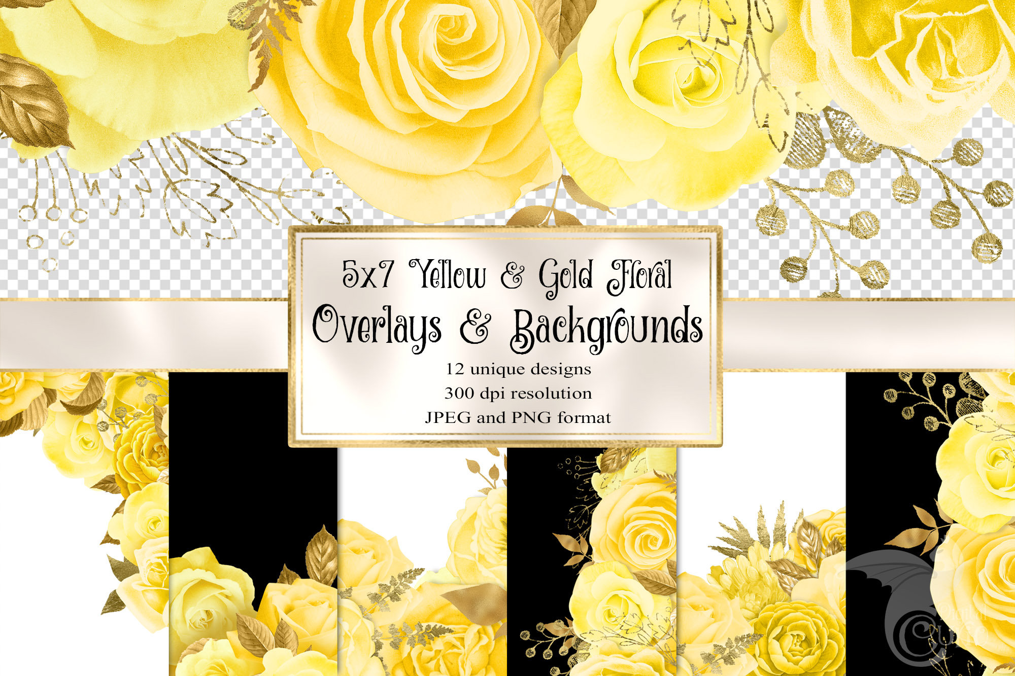 5x7 Yellow and Gold Floral Overlays for invitations, planners, journal pages, vintage flower clipart, wedding frames clip art