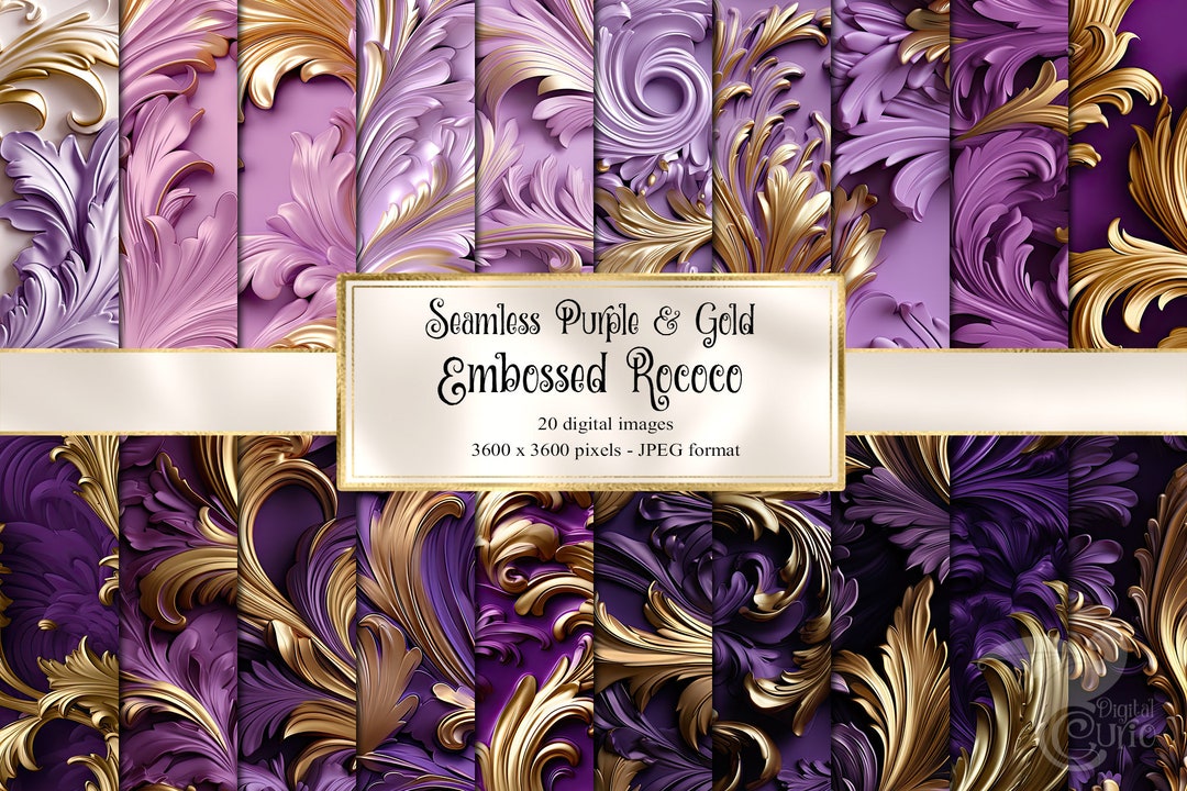 Texruras Rococo Papel digital en relieve rococó púrpura y dorado, texturas sin costuras ...