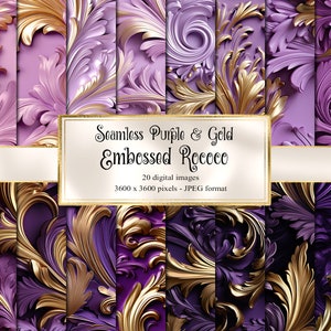 May include: A digital paper pack with 20 seamless patterns featuring a purple and gold embossed rococo design. The patterns are 3600 x 3600 pixels and in JPEG format.