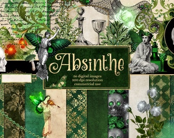 Absinthe Digital Scrapbook Kit – Green Fairies, Seamless Patterns (Digital Download)