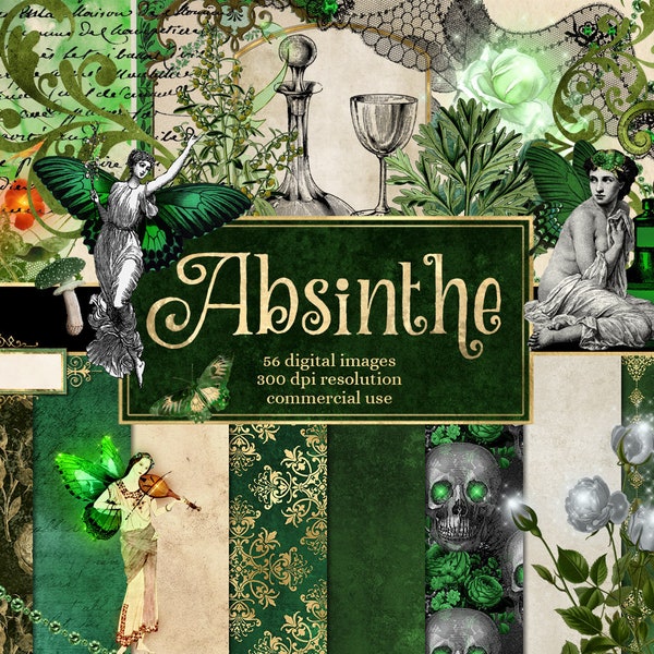 Absinthe Digital Scrapbook Kit - digital paper and graphics pack with seamless patterns and green fairies instant download commercial use