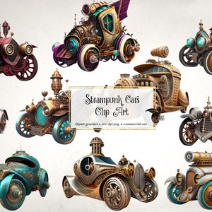 Steampunk Cars Clipart - fantasy clip art graphics and collage sheets for altered art or junk journals instant download commercial use