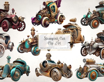 Steampunk Cars Clipart – Fantasy Graphics, Collage Sheets (Digital Download)