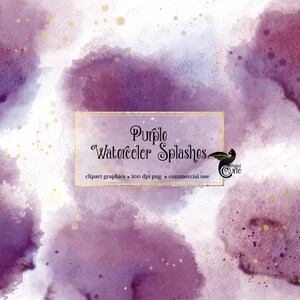 Peut inclure: Eclaboussures d'aquarelle violettes avec des paillettes dorées sur un fond blanc. Graphiques clipart, 300 dpi png, utilisation commerciale.