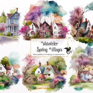 Acquerello Spring Villages Clipart - download istantaneo in formato PNG di casette carine primaverili per uso commerciale