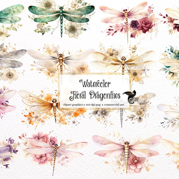 Watercolor Floral Dragonfly Clipart - cute dragonflies with flowers and leaves in PNG format instant download for commercial use