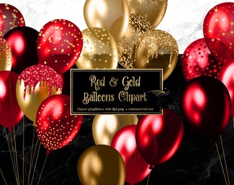 Red and Gold Balloons Clipart, glitter balloon png digital overlays with glitter confetti for birthdays instant download commercial use