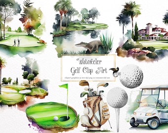 May include: Watercolor illustrations of a golf course, golf equipment, and a golf cart. The illustrations are in a green, brown, and white color scheme. The text "Watercolor Golf Clip Art" is in a gold frame.