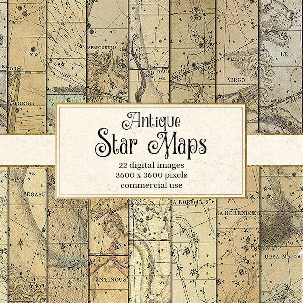 Antique Star Maps Digital Paper, Constellation Celestial Atlas Zodiac Star Chart Scrapbook Paper, Astronomy Backgrounds