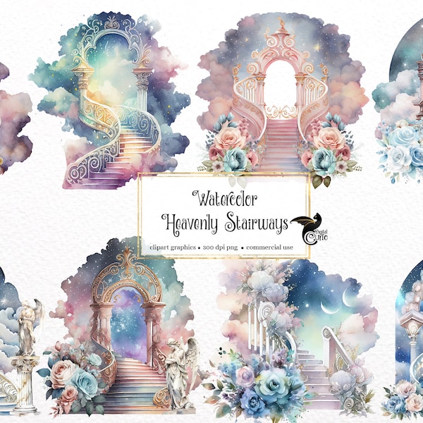 Watercolor Heavenly Stairways Clipart - fantasy magic galaxy watercolor PNG format instant download for commercial use