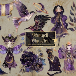 May include: Digital clip art set featuring whimsical illustrations in shades of purple, gold, and black. Includes fairy-like figures, birds, floral elements, and celestial designs. The text "Dreamspell Clip Art" is displayed on a rectangular sign.