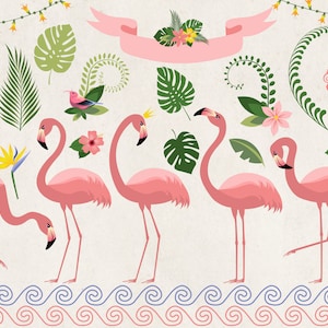 Flamingo Paradies Clipart - niedliche Flamingo Clip Art mit tropischen Blättern und Blumen Hawaiian Sommer Grafiken sofortiger Download kommerzielle Nutzung