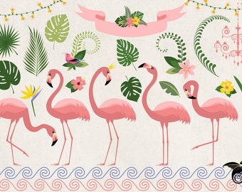 Flamingo Clipart Set – Tropical Flowers & Leaves, Hawaiian Summer Graphics (Instant Download)