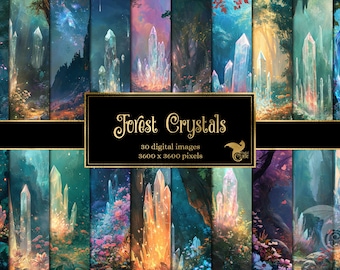 Forest Crystals Digital Paper, magic digital paper fantasy scrapbook pages printable paper instant download