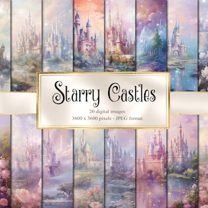 Starry Castles Digital Paper, papel digital floral romántico celestial fantasía scrapbook páginas papel imprimible descarga instantánea