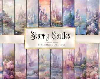 Puede incluir: Un paquete de papel digital con 20 imágenes de castillos de cuento de hadas con un fondo de cielo estrellado. Los castillos están rodeados de exuberante vegetación, agua brillante y flores en flor. Las imágenes están en una paleta de colores suaves y de ensueño y son perfectas para scrapbooking, creación de tarjetas y otros proyectos creativos.