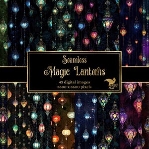 May include: Digital art featuring a collection of seamless magic lanterns in various colors, including red, blue, and purple. The image includes the text "Seamless Magic Lanterns" and details about the digital images.